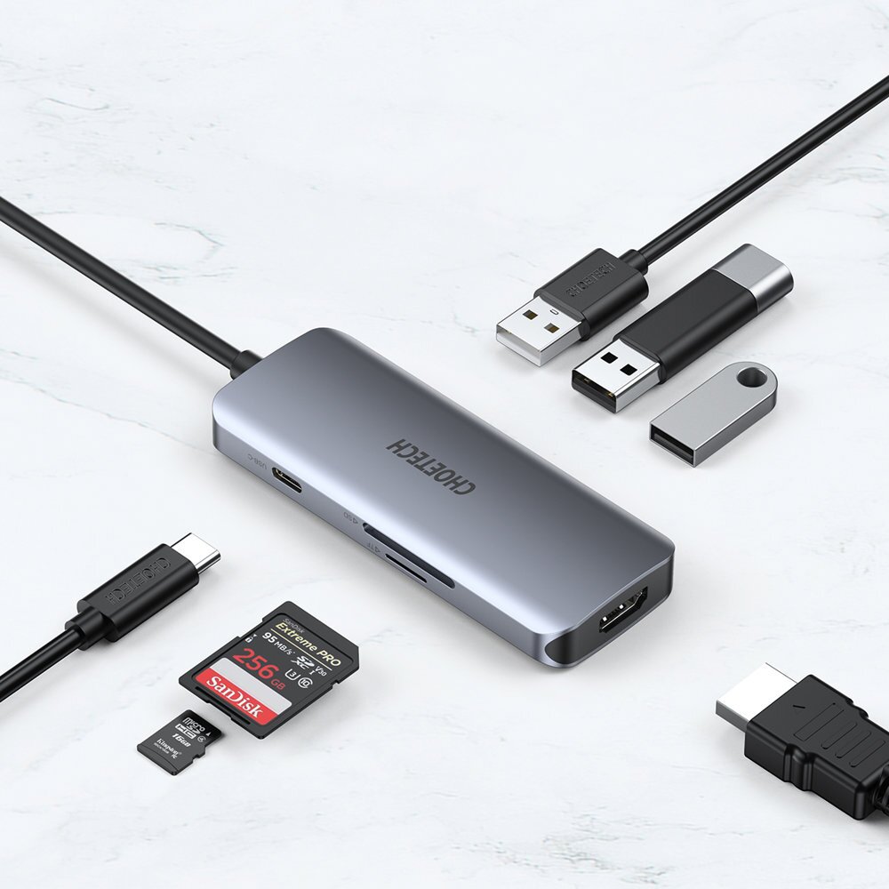 Akcija! Jungčių Daugintuvas Choetech 7in1 multifunctional USB Type C HUB - 3x USB 3.2 Gen 1 / SD ir TF atminties kortelės skaitytuvas / HDMI 4K 30Hz / USB Type C Pilkas (HUB-M19 gray) 6 Akcija! Jungčių Daugintuvas Choetech 7in1 multifunctional USB Type C HUB - 3x USB 3.2 Gen 1 / SD ir TF atminties kortelės skaitytuvas / HDMI 4K 30Hz / USB Type C Pilkas (HUB-M19 gray) 6