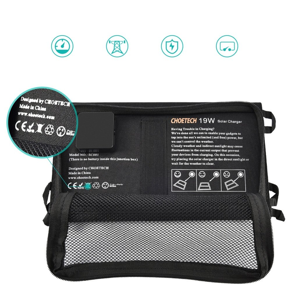 Sulankstomas Saulės Įkroviklis Choetech Foldable Solar Charger 19W 2x USB 2,4A Juodas (SC001) 7 Sulankstomas Saulės Įkroviklis Choetech Foldable Solar Charger 19W 2x USB 2,4A Juodas (SC001) 7