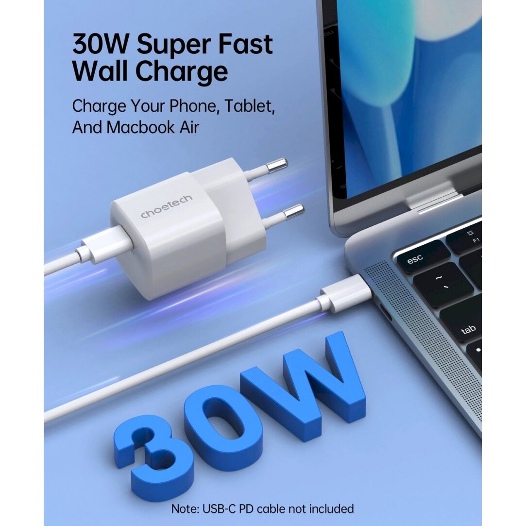 Choetech PD5007 USB-C PD 30W GaN wall Įkroviklis - baltas 1 Choetech PD5007 USB-C PD 30W GaN wall Įkroviklis - baltas 1