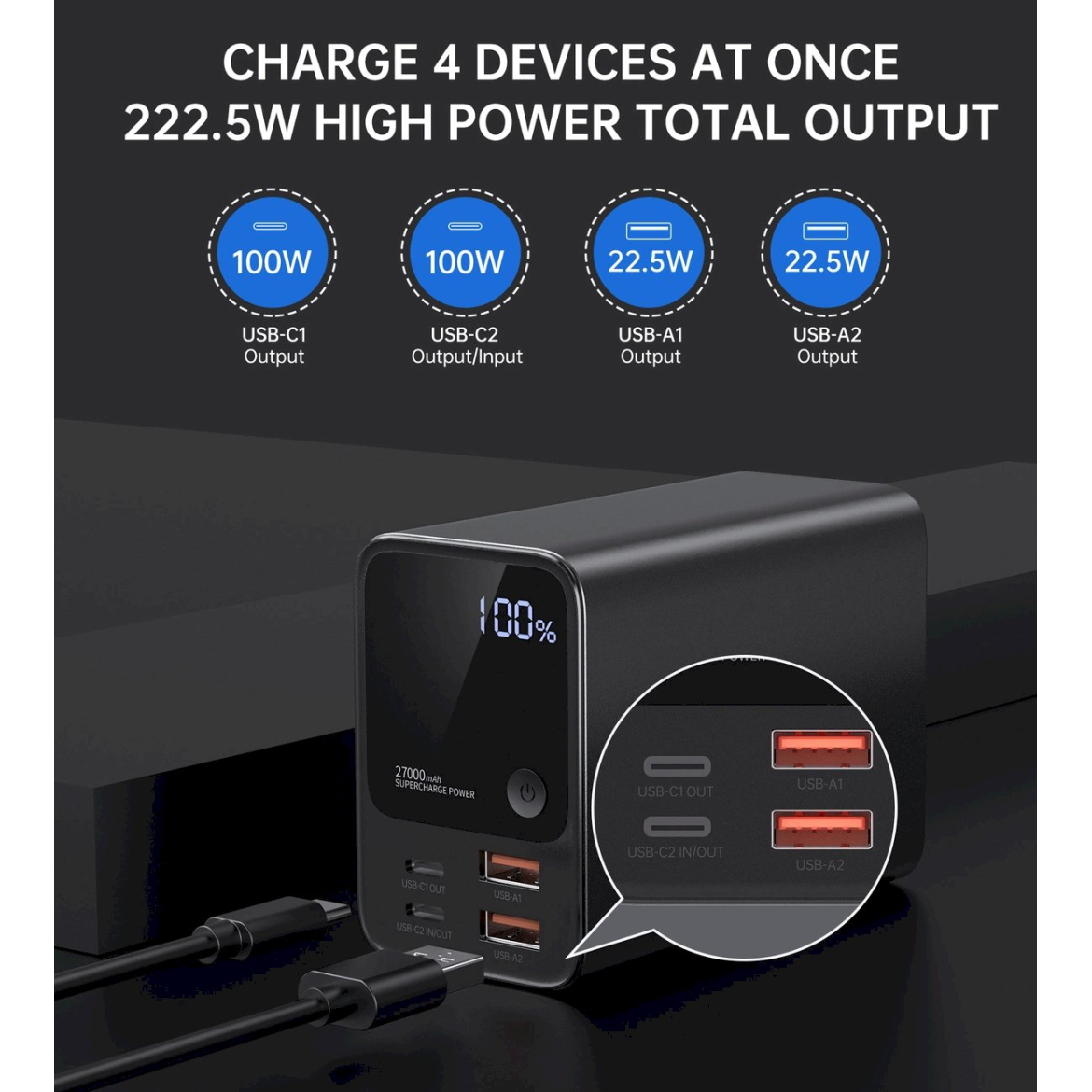 Choetech B635BK USB-A / USB-C Powerbank 22.5W 27000mAh – juodas 4 Choetech B635BK USB-A / USB-C Powerbank 22.5W 27000mAh – juodas 4