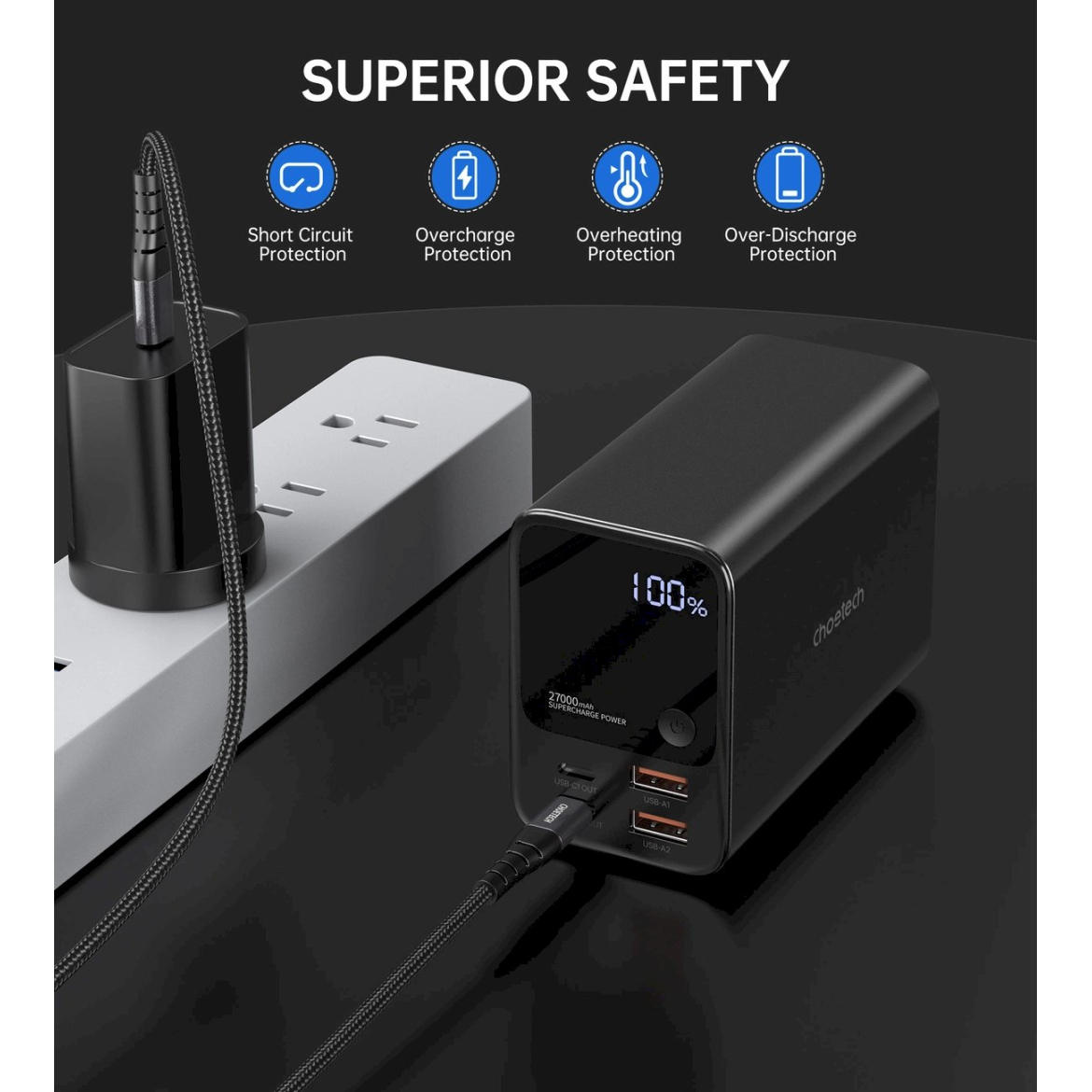 Choetech B635BK USB-A / USB-C Powerbank 22.5W 27000mAh – juodas 8