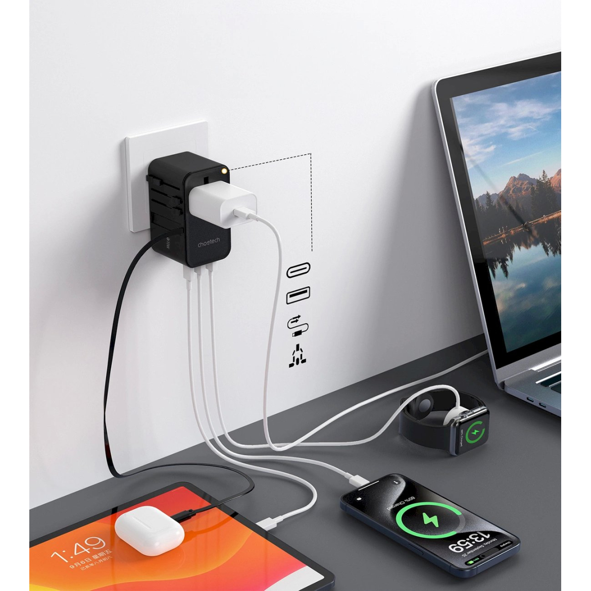 Choetech PD5022 70W kelioninis adapteris EU/US/AUS/UK su integruotu USB-C kabeliu – juodas 5