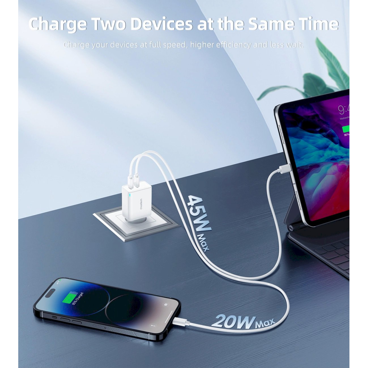 Choetech PD6013 2x USB-C PD 65W GaN wall Įkroviklis - baltas 5 Choetech PD6013 2x USB-C PD 65W GaN wall Įkroviklis - baltas 5