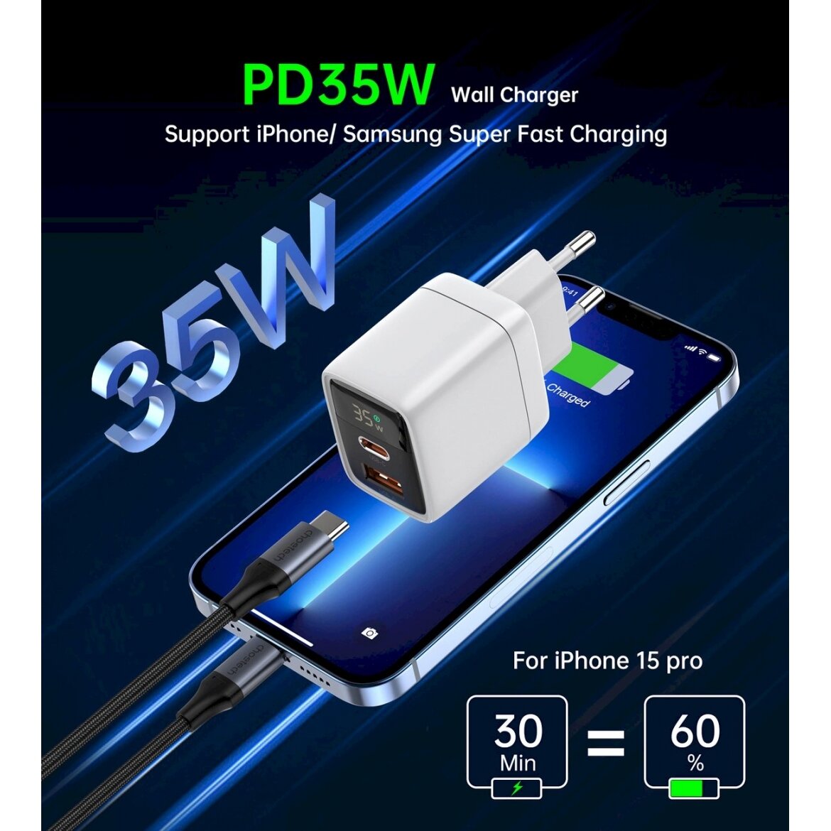 Choetech PD6052 USB-C USB-A PD 35W GaN wall Įkroviklis display - baltas 4