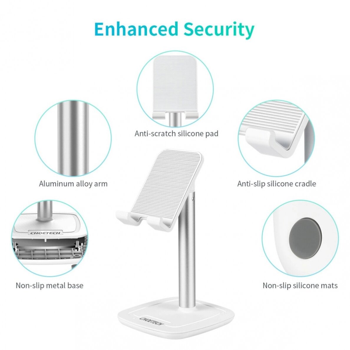 Choetech H035 aluminum stand a phone or tabletadjustment - baltas silver 3 Choetech H035 aluminum stand a phone or tabletadjustment - baltas silver 3