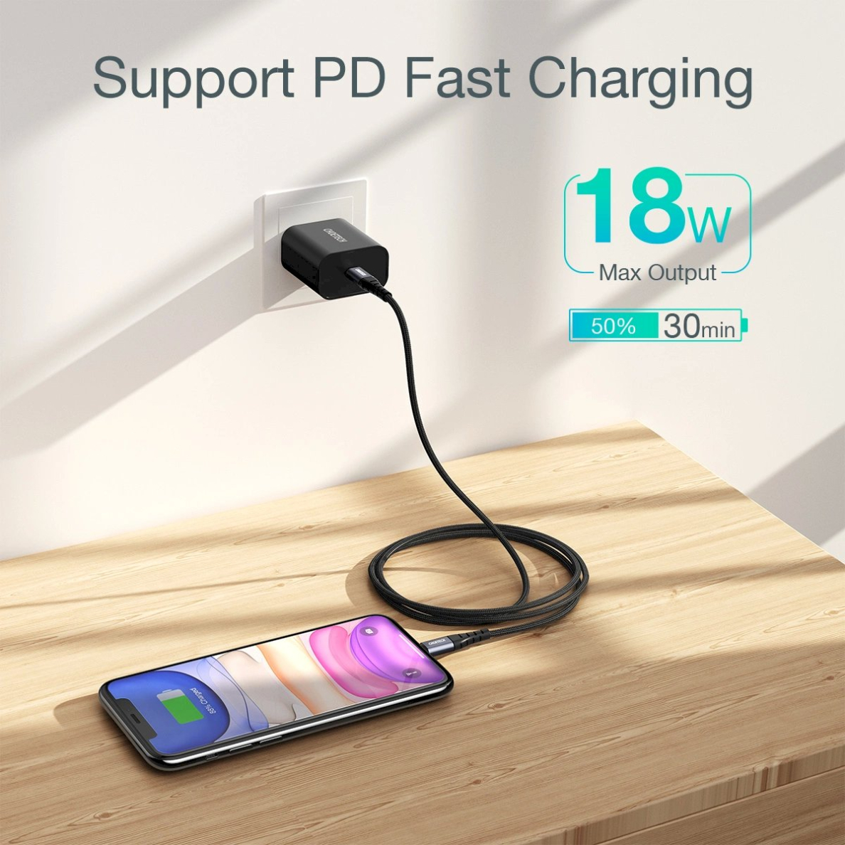 Choetech IP0041 USB-C / Lightning MFi 480Mb/s 3A 2 m Kabelis - Juodas 2