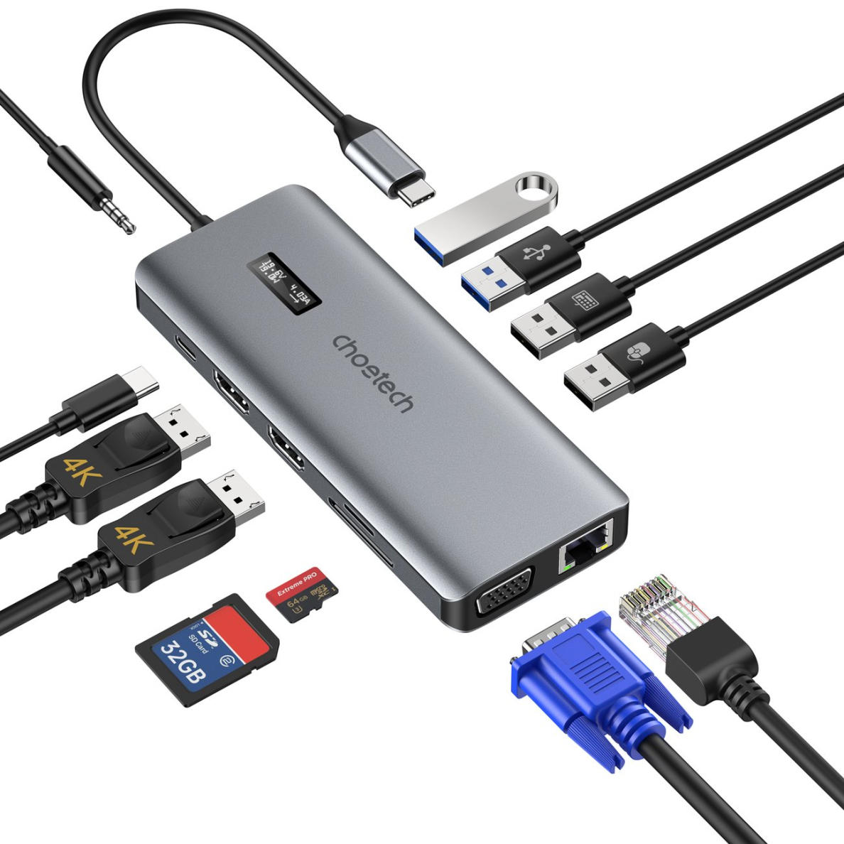 Choetech multifunctional HUB with display 12in1 USB-C to USB-C / USB-A / HDMI / VGA / AUX / SD / TF Pilkas (HUB-M26) 1 Choetech multifunctional HUB with display 12in1 USB-C to USB-C / USB-A / HDMI / VGA / AUX / SD / TF Pilkas (HUB-M26) 1