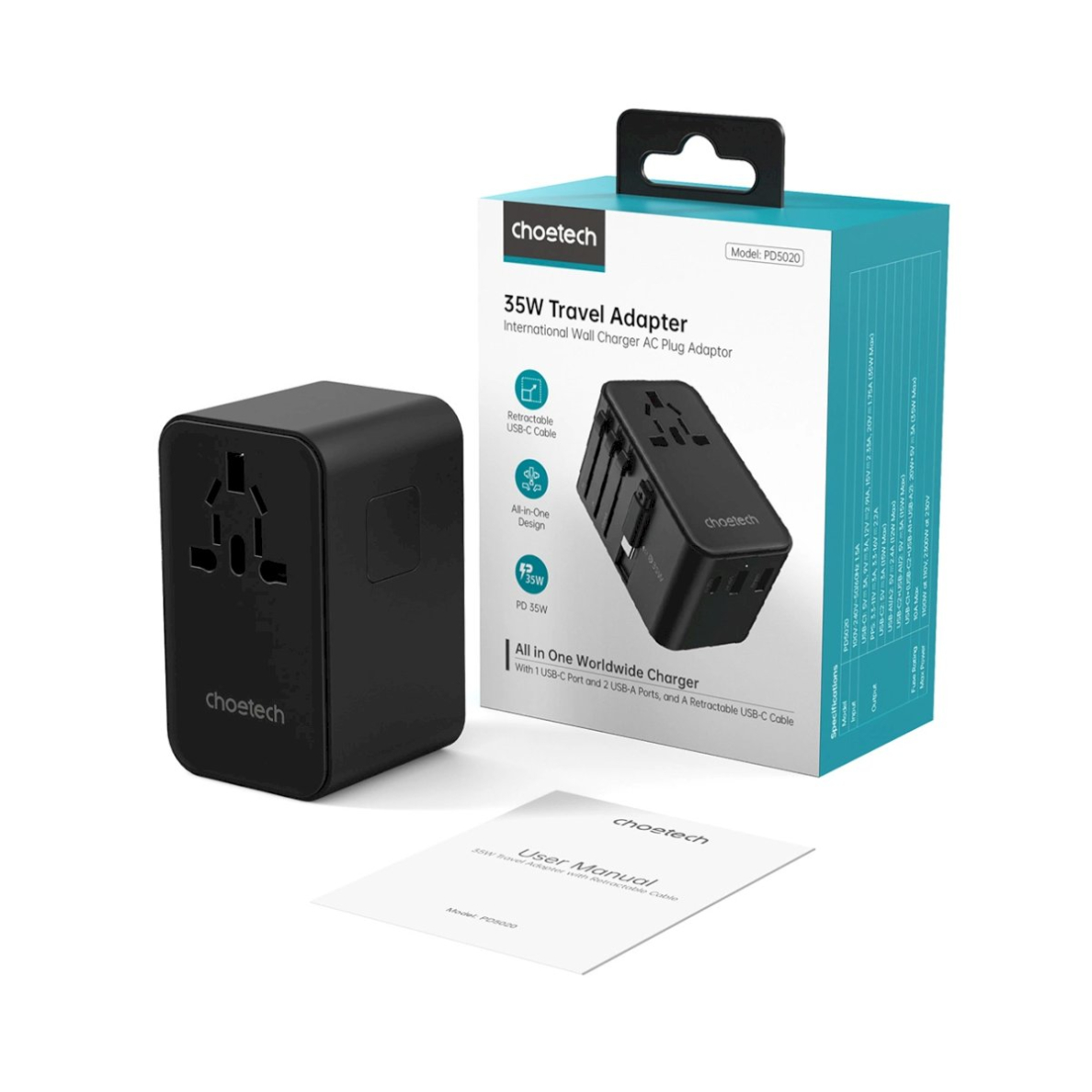 Choetech PD5020 35W kelioninis adapteris EU/US/AUS/UK su integruotu USB-C kabeliu – juodas 2 Choetech PD5020 35W kelioninis adapteris EU/US/AUS/UK su integruotu USB-C kabeliu – juodas 2
