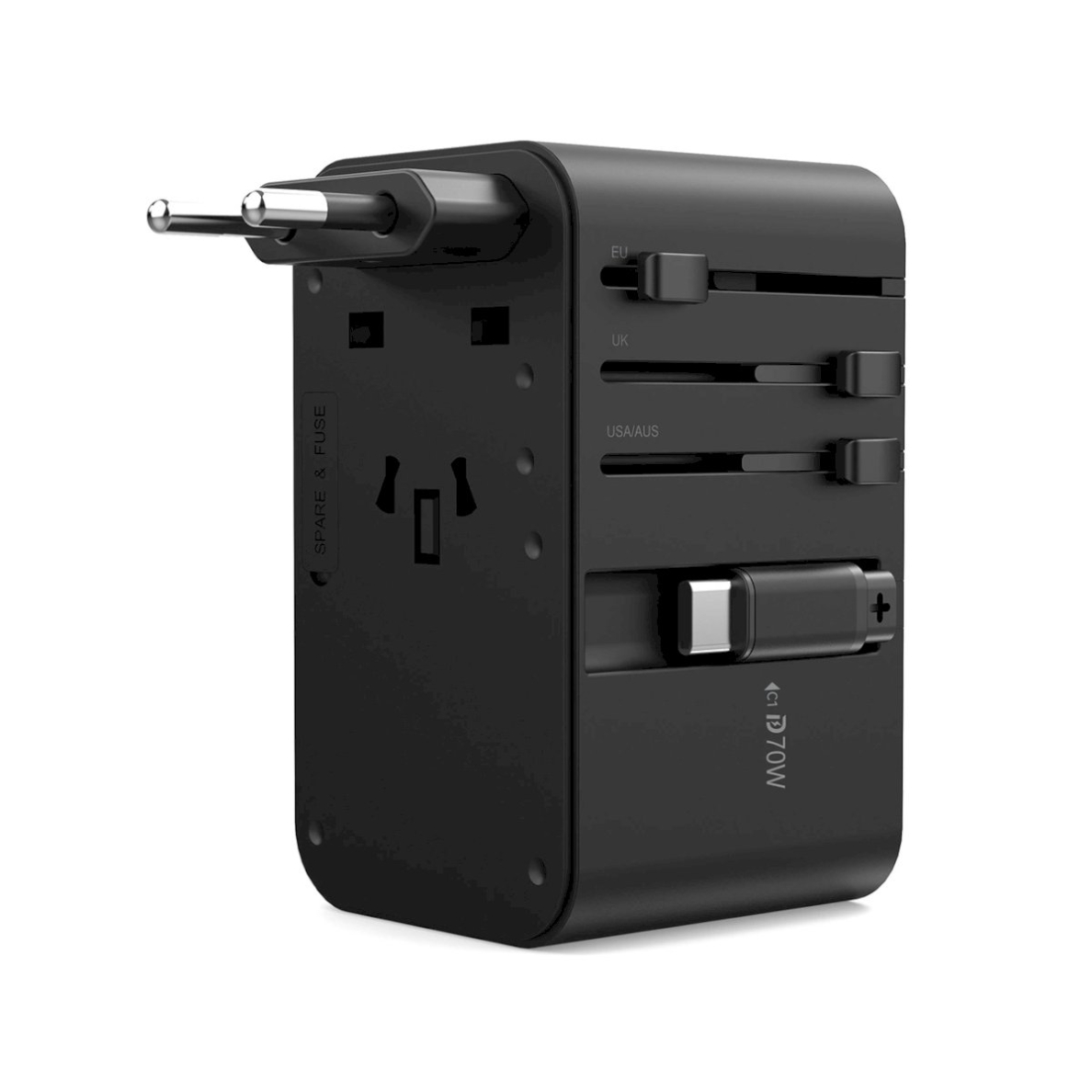 Choetech PD5022 70W kelioninis adapteris EU/US/AUS/UK su integruotu USB-C kabeliu – juodas 1 Choetech PD5022 70W kelioninis adapteris EU/US/AUS/UK su integruotu USB-C kabeliu – juodas 1