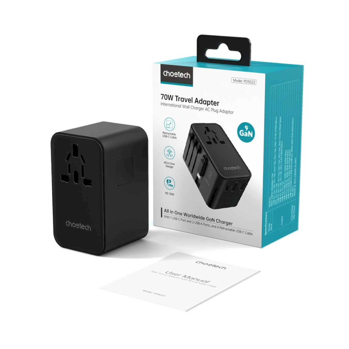 Choetech PD5022 70W kelioninis adapteris EU/US/AUS/UK su integruotu USB-C kabeliu – juodas 2 Choetech PD5022 70W kelioninis adapteris EU/US/AUS/UK su integruotu USB-C kabeliu – juodas 2