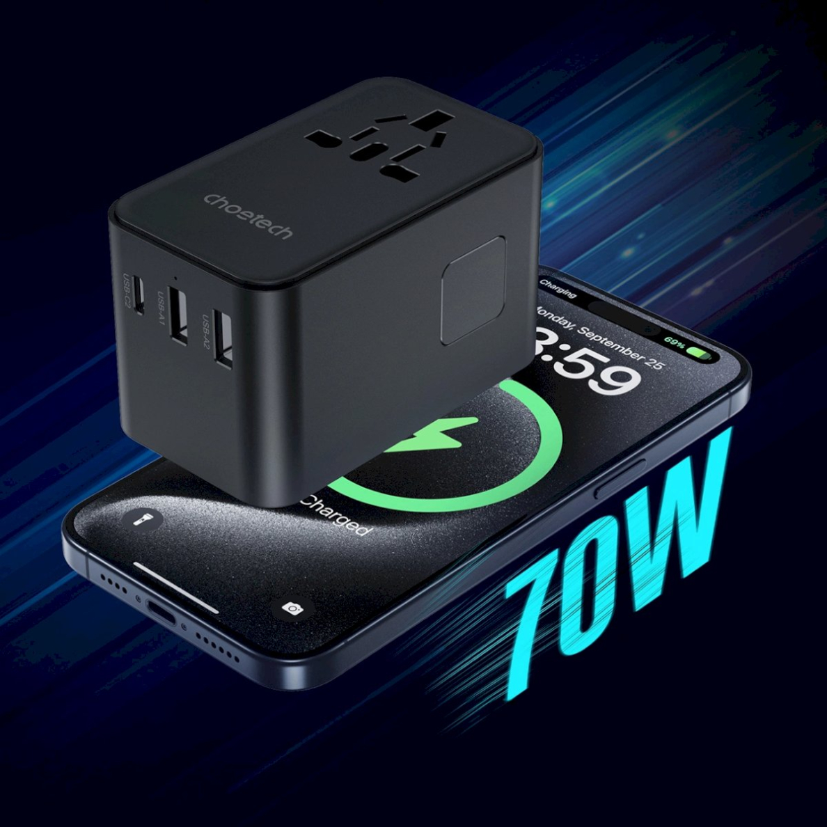 Choetech PD5022 70W kelioninis adapteris EU/US/AUS/UK su integruotu USB-C kabeliu – juodas 9