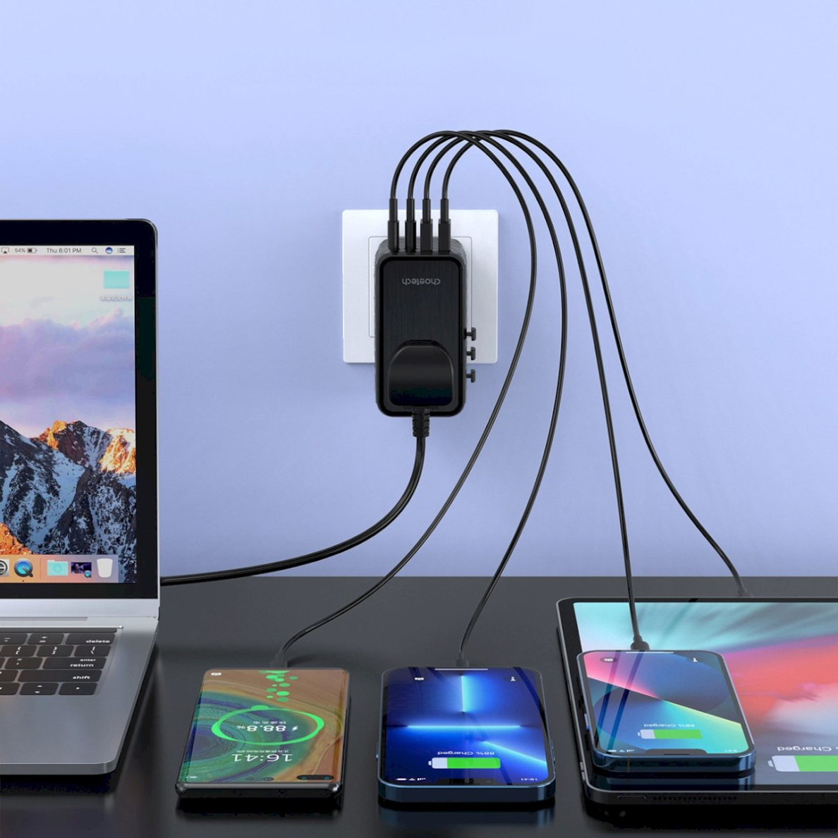 Choetech PD6028 kelioninis adapteris EU/US/AUS/UK 2x USB-C + 2x USB-A 100W – juodas 6