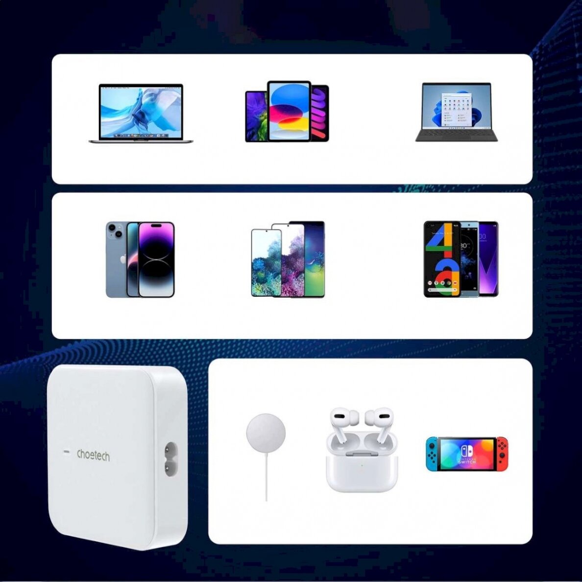 Choetech PD8008 100W GaN fast Įkroviklis 2x USB-A / 2x USB-C - baltas 5 Choetech PD8008 100W GaN fast Įkroviklis 2x USB-A / 2x USB-C - baltas 5