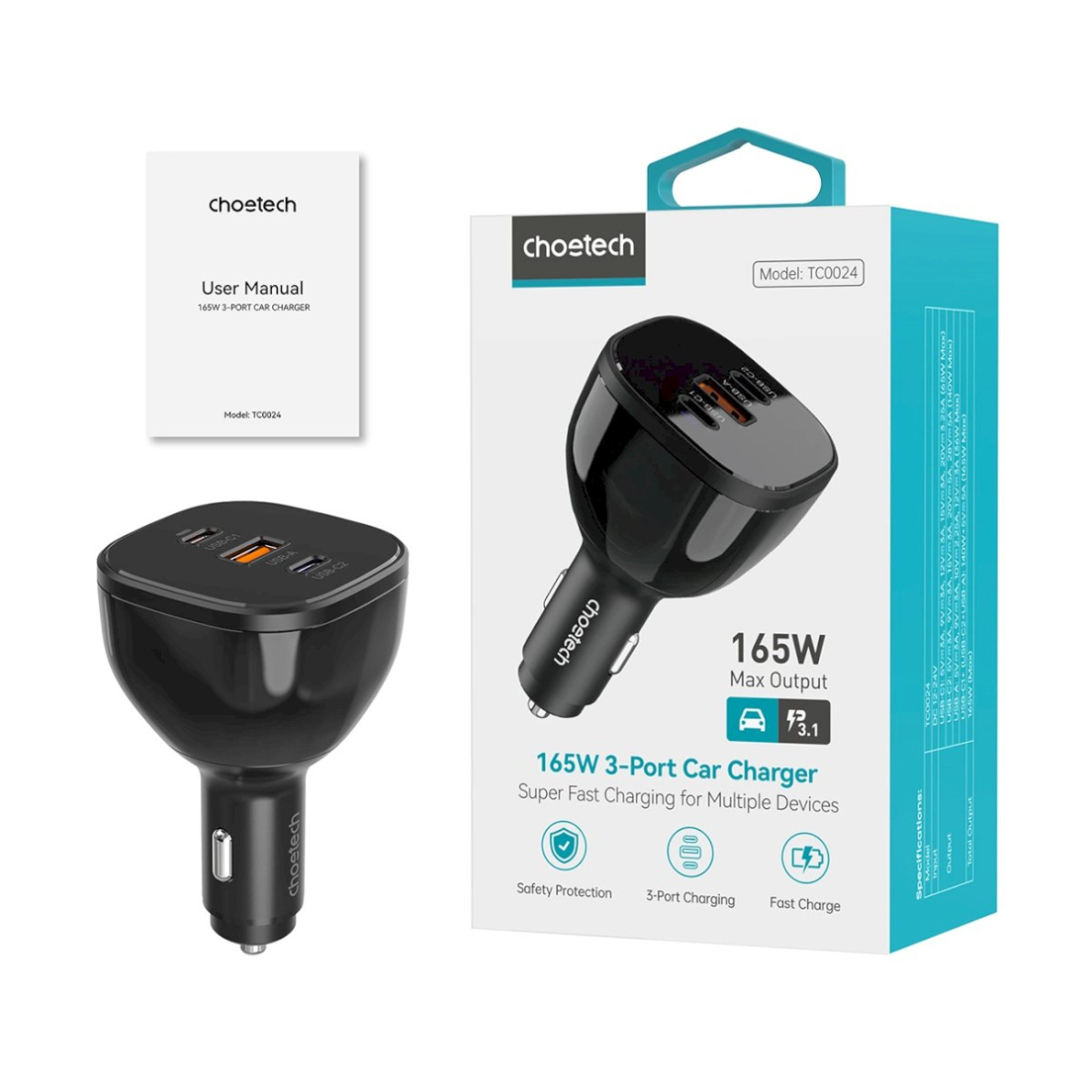 Choetech TC0024 automobilinis įkroviklis 160W 2x USB-C PD 3.1 + 1x USB-A – juodas 2
