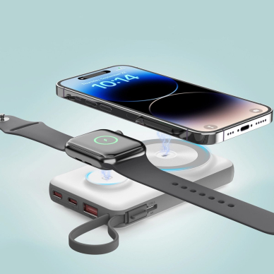 Choetech 10000mAh LED ekranas išorinė baterija su Type-C / Lightning kabeliu + magnetinis belaidis įkroviklis telefonui ir laikrodžiui 10