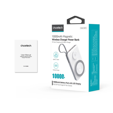 Choetech 10000mAh LED ekranas išorinė baterija su Type-C / Lightning kabeliu + magnetinis belaidis įkroviklis telefonui ir laikrodžiui 4
