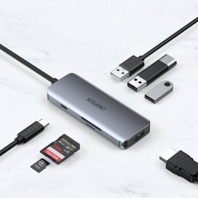 Akcija! Jungčių Daugintuvas Choetech 7in1 multifunctional USB Type C HUB - 3x USB 3.2 Gen 1 / SD ir TF atminties kortelės skaitytuvas / HDMI 4K 30Hz / USB Type C Pilkas (HUB-M19 gray)  6