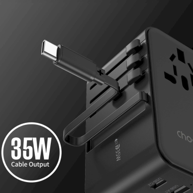 Choetech PD5020 35W kelioninis adapteris EU/US/AUS/UK su integruotu USB-C kabeliu – juodas 6