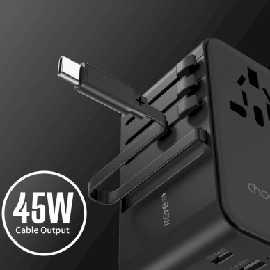 Choetech PD5021 45W kelioninis adapteris EU/US/AUS/UK su integruotu USB-C kabeliu – juodas 6