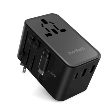Choetech PD5021 45W kelioninis adapteris EU/US/AUS/UK su integruotu USB-C kabeliu – juodas