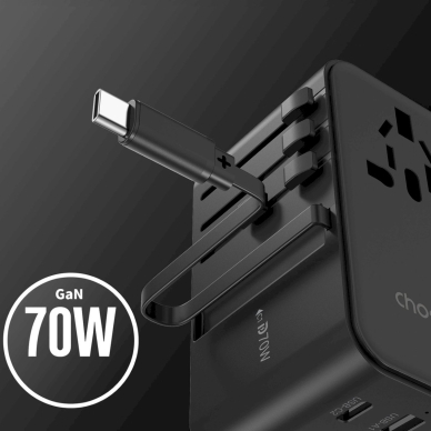 Choetech PD5022 70W kelioninis adapteris EU/US/AUS/UK su integruotu USB-C kabeliu – juodas 6