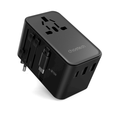 Choetech PD5022 70W kelioninis adapteris EU/US/AUS/UK su integruotu USB-C kabeliu – juodas