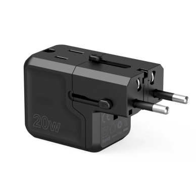 Choetech PD6038 USB-C / USB-A PD 20W kelioninis įkroviklis (USA / EU / UK / AU) – juodas 9