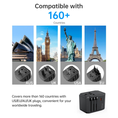 Choetech PD6041 USB-C / USB-A PD 30W kelioninis įkroviklis su 4 kištukais (US / EU / UK / AU) – juodas 10