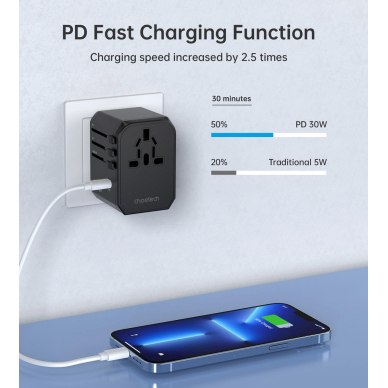 Choetech PD6041 USB-C / USB-A PD 30W kelioninis įkroviklis su 4 kištukais (US / EU / UK / AU) – juodas 11