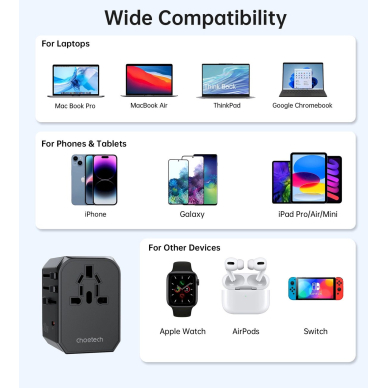 Choetech PD6041 USB-C / USB-A PD 30W kelioninis įkroviklis su 4 kištukais (US / EU / UK / AU) – juodas 5