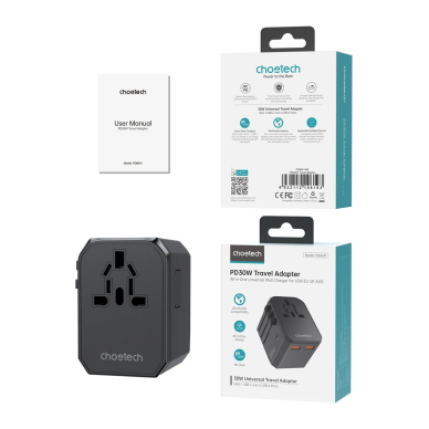 Choetech PD6041 USB-C / USB-A PD 30W kelioninis įkroviklis su 4 kištukais (US / EU / UK / AU) – juodas 6