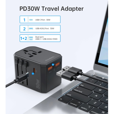 Choetech PD6041 USB-C / USB-A PD 30W kelioninis įkroviklis su 4 kištukais (US / EU / UK / AU) – juodas 7