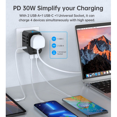 Choetech PD6041 USB-C / USB-A PD 30W kelioninis įkroviklis su 4 kištukais (US / EU / UK / AU) – juodas 9