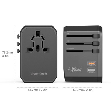 Choetech PD6045 USB-C / USB-A 45W GaN kelioninis įkroviklis su US / EU / UK / AU kištukais – juodas 10