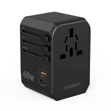 Choetech PD6045 USB-C / USB-A 45W GaN kelioninis įkroviklis su US / EU / UK / AU kištukais – juodas 3