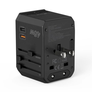 Choetech PD6045 USB-C / USB-A 45W GaN kelioninis įkroviklis su US / EU / UK / AU kištukais – juodas 6