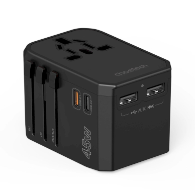 Choetech PD6045 USB-C / USB-A 45W GaN kelioninis įkroviklis su US / EU / UK / AU kištukais – juodas