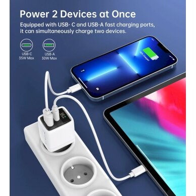 Choetech PD6052 USB-C USB-A PD 35W GaN wall Įkroviklis display - baltas 5 Choetech PD6052 USB-C USB-A PD 35W GaN wall Įkroviklis display - baltas 5
