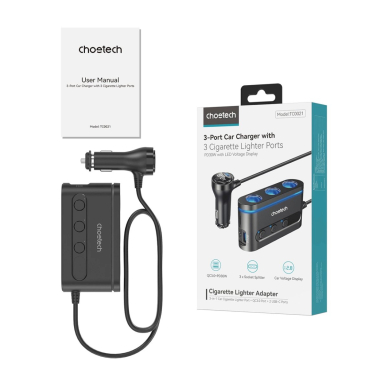 Choetech TC0021 automobilinis įkroviklis 2x USB-C PD + 1x USB-A + 3x cigarečių lizdai – juodas 2