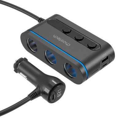 Choetech TC0021 automobilinis įkroviklis 2x USB-C PD + 1x USB-A + 3x cigarečių lizdai – juodas