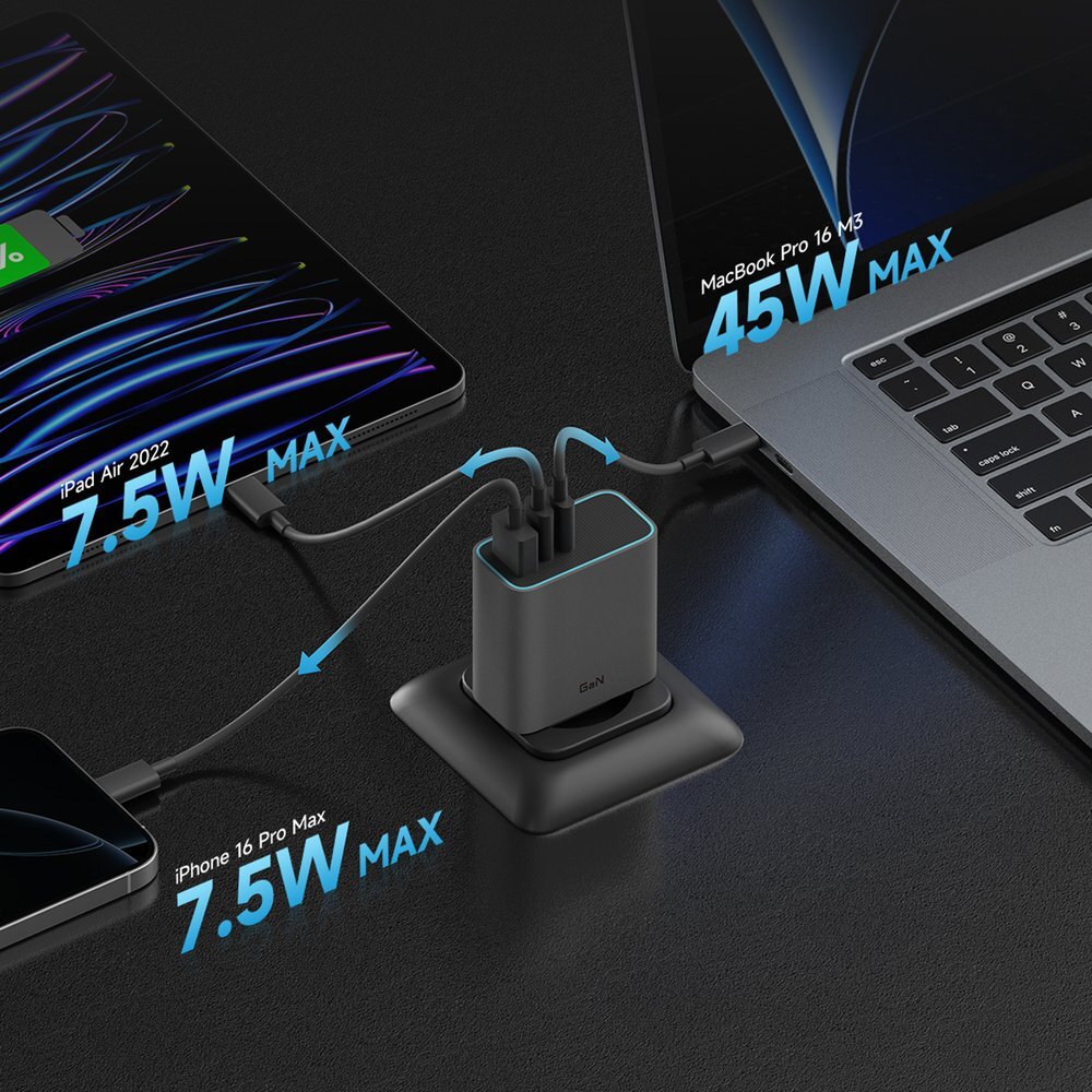 Sieninis įkroviklis Cuktech CUKAD653EUGR 65 W GaN 2 × USB-C + 1 × USB-A – pilkas 2