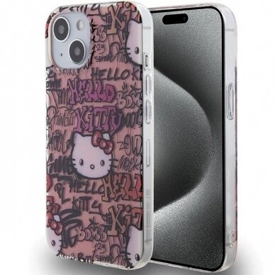 Dėklas Hello Kitty IML Tags Graffiti iPhone 15 - rožinis Dėklas Hello Kitty IML Tags Graffiti iPhone 15 - rožinis