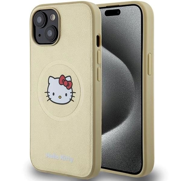Dėklas Hello Kitty Leather Kitty Head MagSafe iPhone 15 - Auksinis Dėklas Hello Kitty Leather Kitty Head MagSafe iPhone 15 - Auksinis