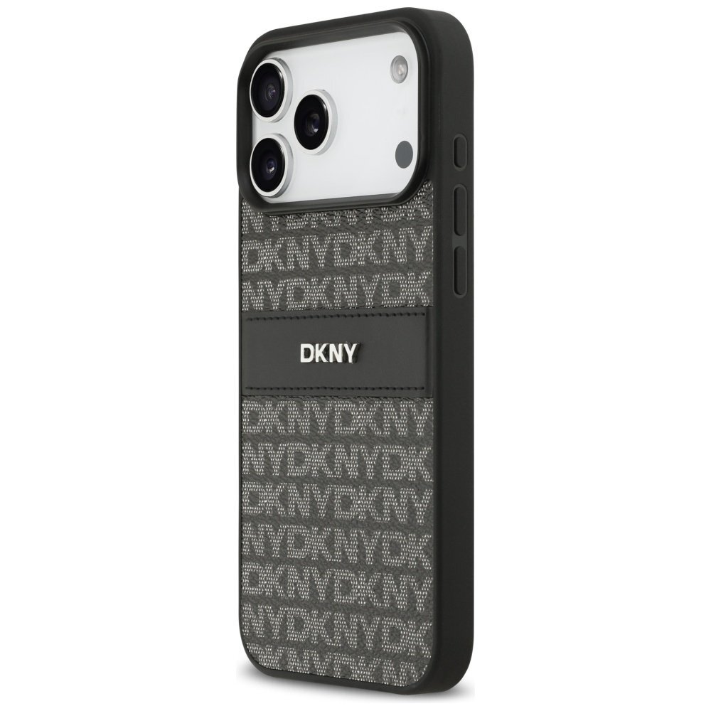 iPhone 17 Pro Max DKNY Repeat Texture Pattern with Tonal Stripe dėklas – juodas 1 iPhone 17 Pro Max DKNY Repeat Texture Pattern with Tonal Stripe dėklas – juodas 1