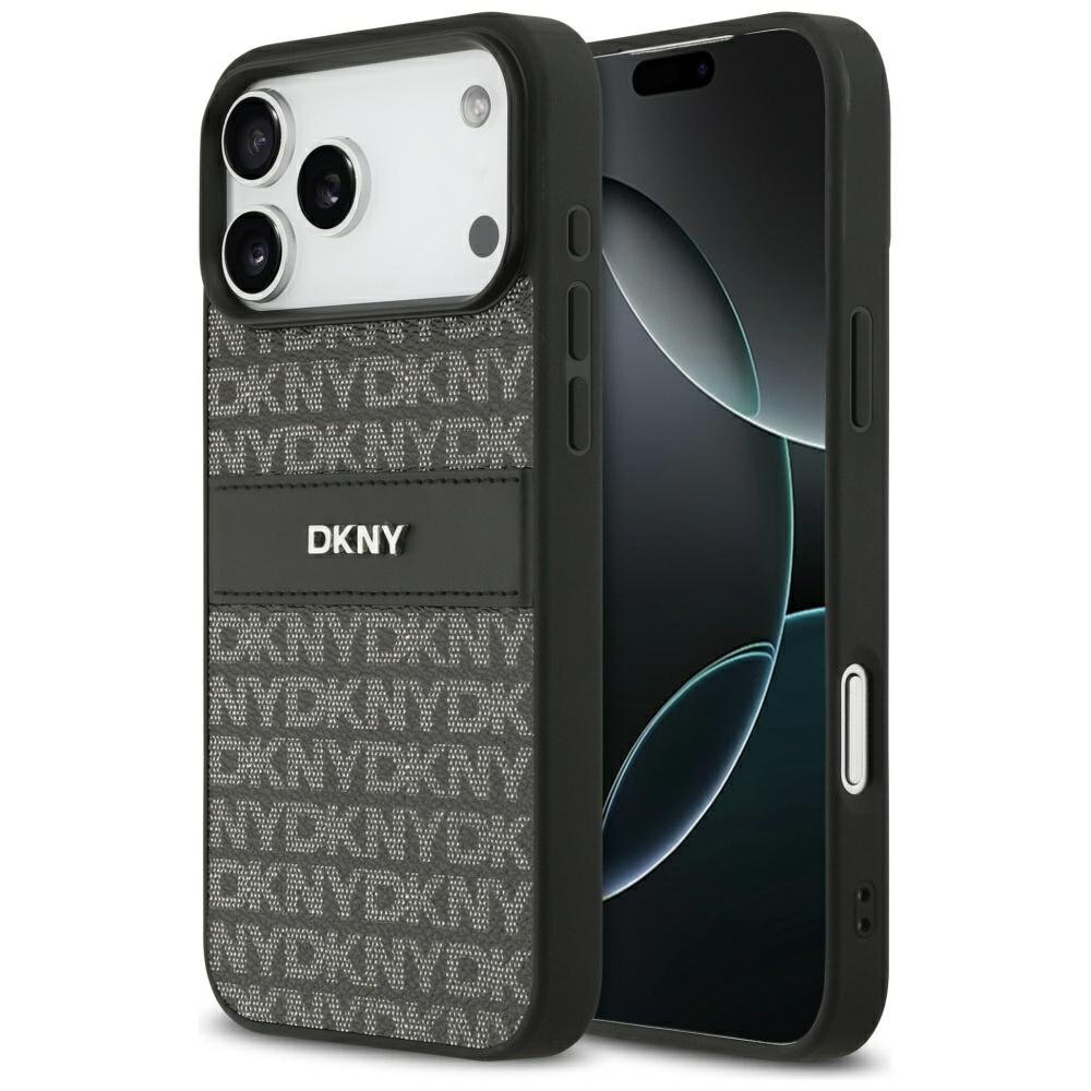 iPhone 17 Pro Max DKNY Repeat Texture Pattern with Tonal Stripe dėklas – juodas iPhone 17 Pro Max DKNY Repeat Texture Pattern with Tonal Stripe dėklas – juodas