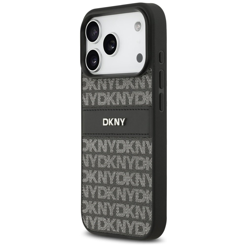iPhone 17 Pro DKNY Repeat Texture Pattern with Tonal Stripe dėklas – juodas 1 iPhone 17 Pro DKNY Repeat Texture Pattern with Tonal Stripe dėklas – juodas 1