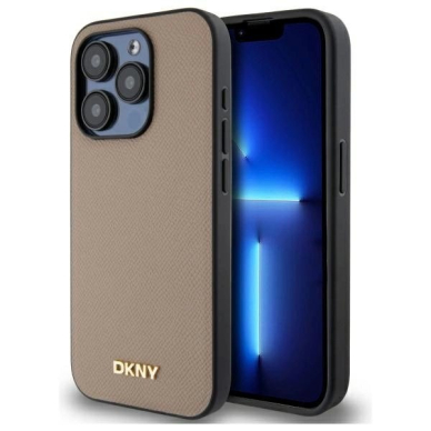 iPhone 15 Pro Max DKNY Grained Metal Logo MagSafe dėklas - smėlio