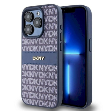 Dėklas DKNY Leather Mono StripeMetal LogoiPhone 15 Pro - Mėlynas Dėklas DKNY Leather Mono StripeMetal LogoiPhone 15 Pro - Mėlynas