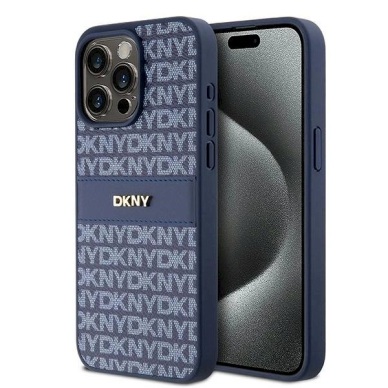 Dėklas DKNY Leather Mono StripeMetal LogoiPhone 15 Pro Max - Mėlynas Dėklas DKNY Leather Mono StripeMetal LogoiPhone 15 Pro Max - Mėlynas