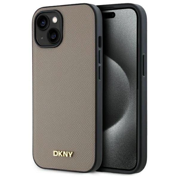 iPhone 15 DKNY Grained Metal Logo MagSafe dėklas - smėlio